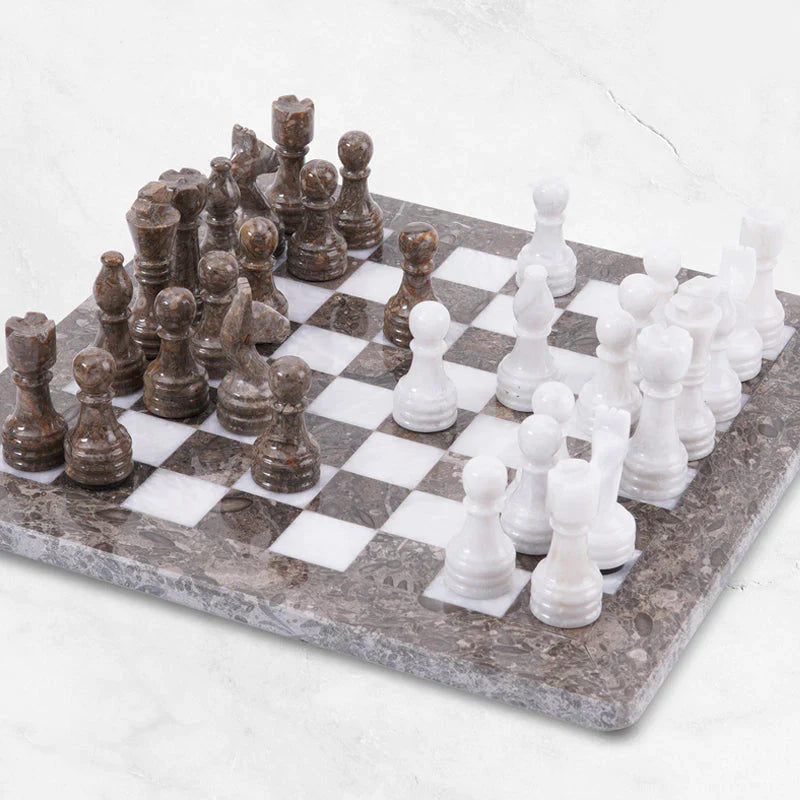 Grey Oceanic and White 12" High Quality Marble Chess Set (Without Storage box)