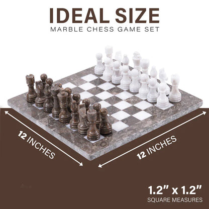 Grey Oceanic and White 12" High Quality Marble Chess Set (Without Storage box)