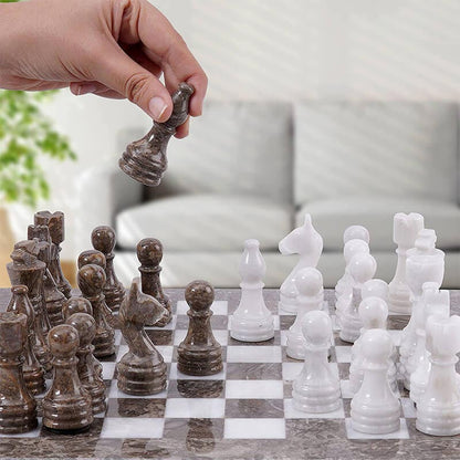 Grey Oceanic and White 12" High Quality Marble Chess Set (Without Storage box)