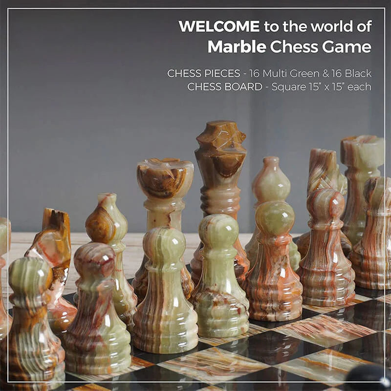 Black And Multi Green 15" Premium Quality Marble Chess Set (Without storage box)