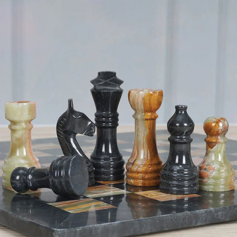 Black And Multi Green 15" Premium Quality Marble Chess Set (Without storage box)