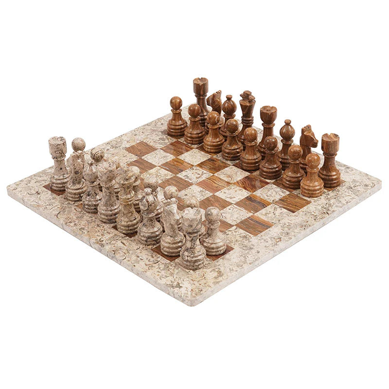 Fossil Coral and Dark Brown 15" High Quality Marble Chess Set (Without storage box)