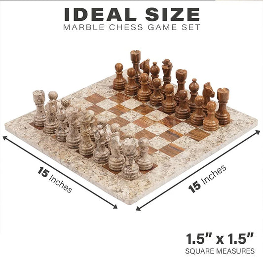 Fossil Coral and Dark Brown 15" High Quality Marble Chess Set (Without storage box)