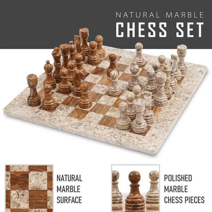 Fossil Coral and Dark Brown 15" High Quality Marble Chess Set (Without storage box)