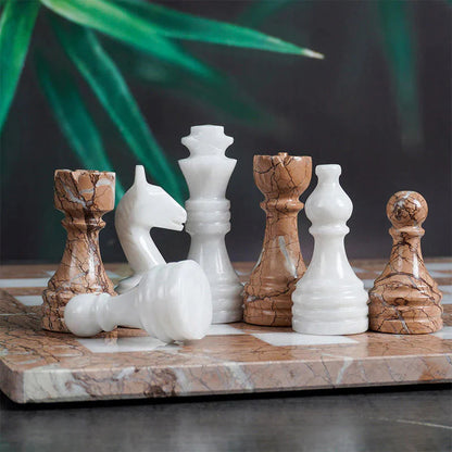 White & Marinara Natural Marble Chess Pieces